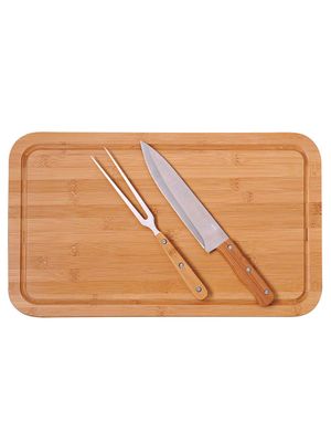 Set Asado Parrilla Mor Tabla Bambu Con Cuchillo Tenedor